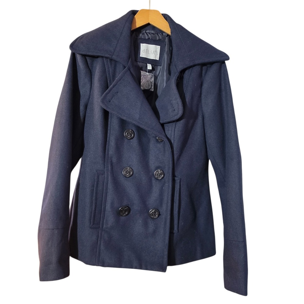 NEW dELiAs Womens Navy Blue Double Breasted Pea Coat Anchor Buttons Size XL